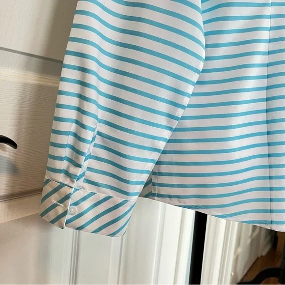 CHICO’S NWOT Women’s No Iron™ Stretch Stripe Shirt Pastel Blue Teal White Large - Picture 6 of 11